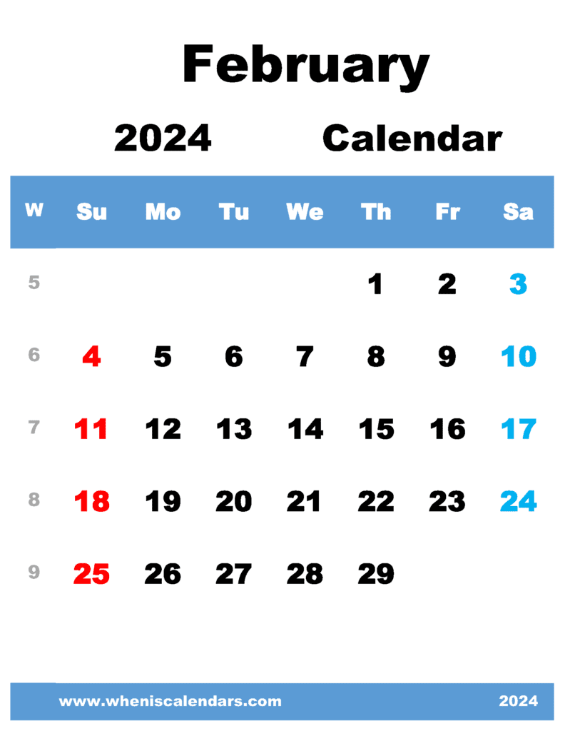 Free Printable February 2024 Calendar with Week Numbers
