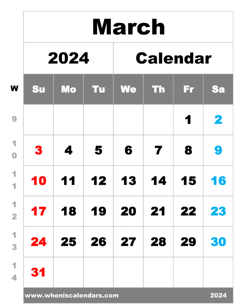 Free Printable March 2024 Calendar with Week Numbers
