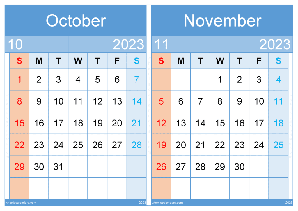 October November 2023 Calendar Free Printable