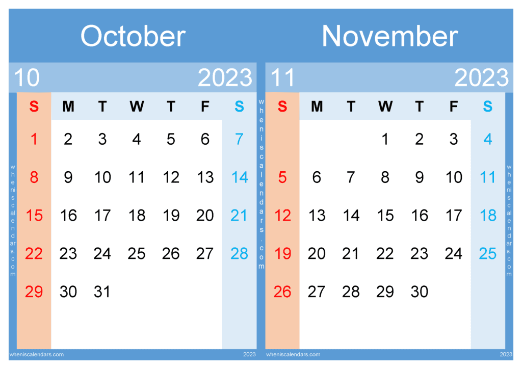 October November 2023 Calendar Free Printable