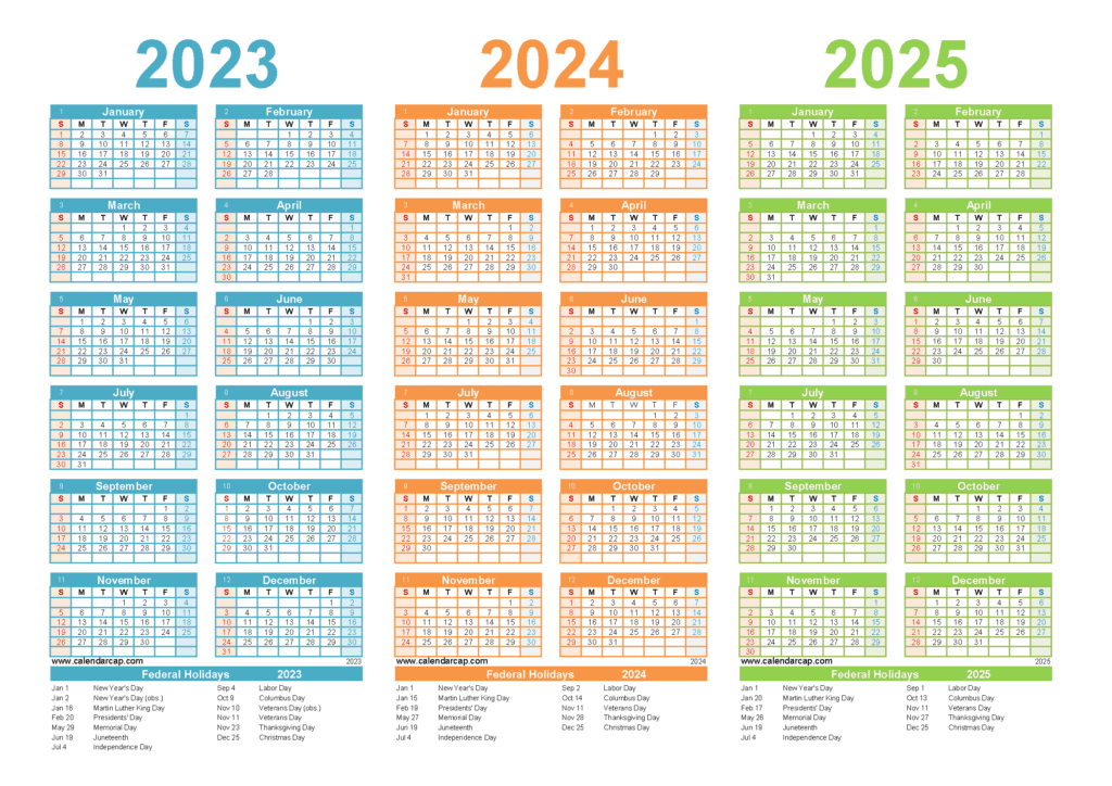Calendar 2023 2024 2025 Free Printable easy to download or print.