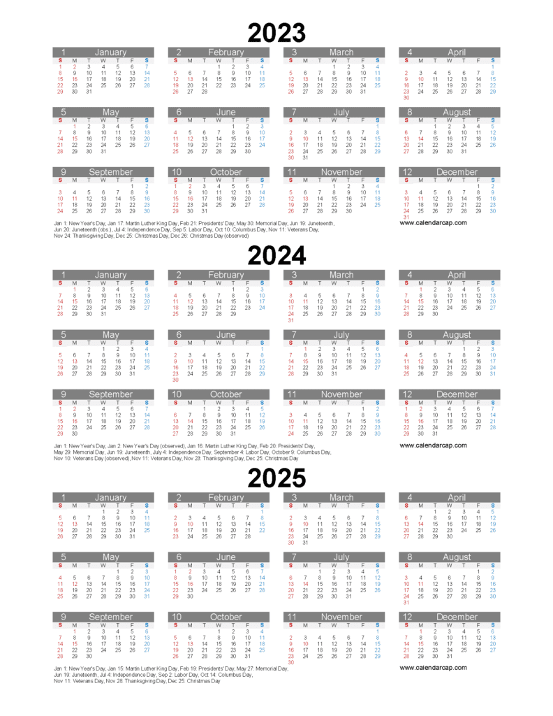 Free Printable Calendar 2023 and 2024 and 2025 easy to download or print.