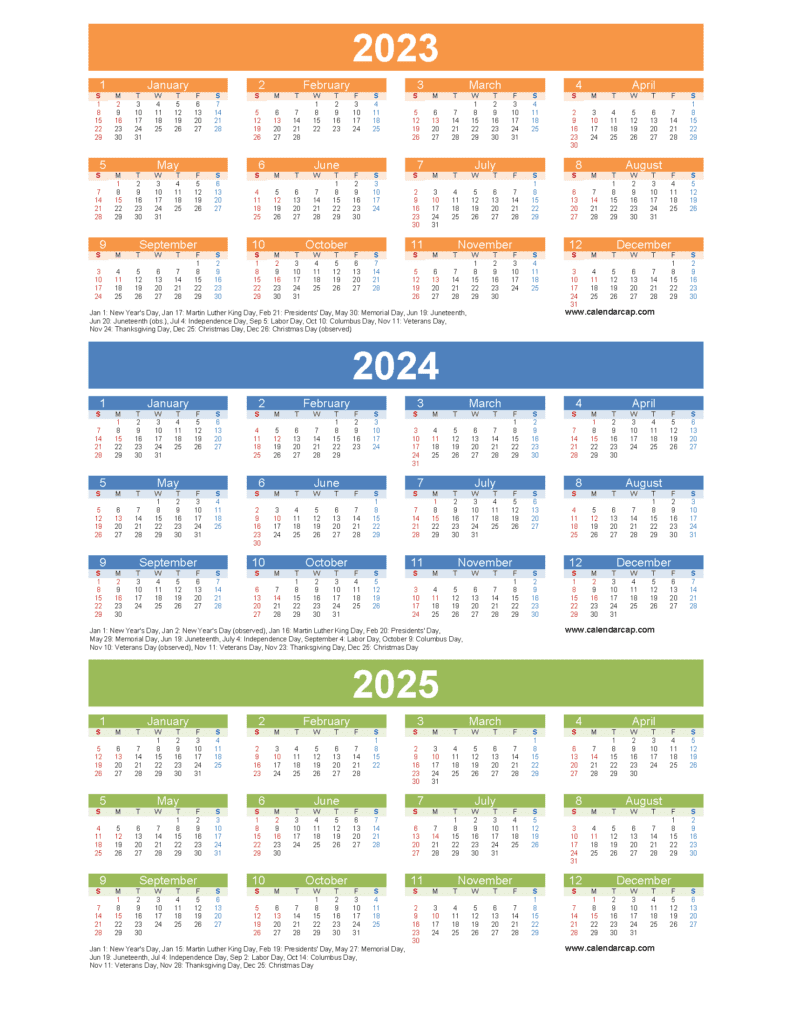 Calendar 2023 2024 2025 Free Printable easy to download or print.