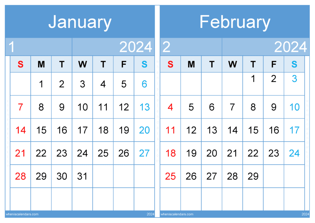 January and February 2024 Calendar Printable and Free Download