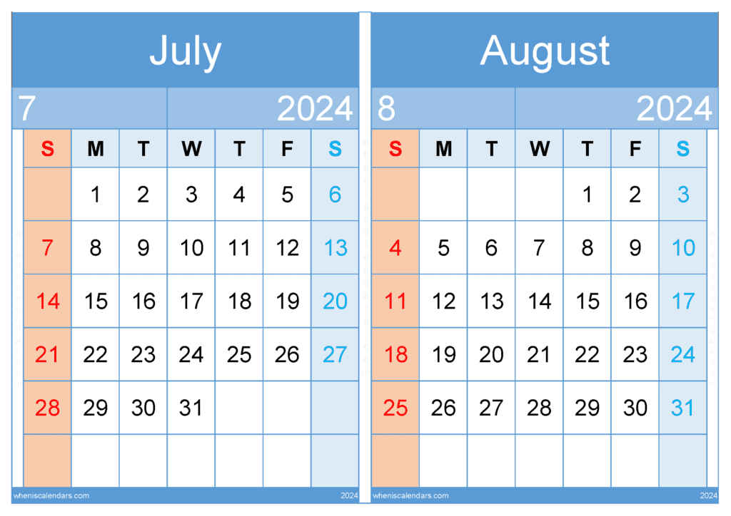 July and August 2024 Calendar Printable and Free Download