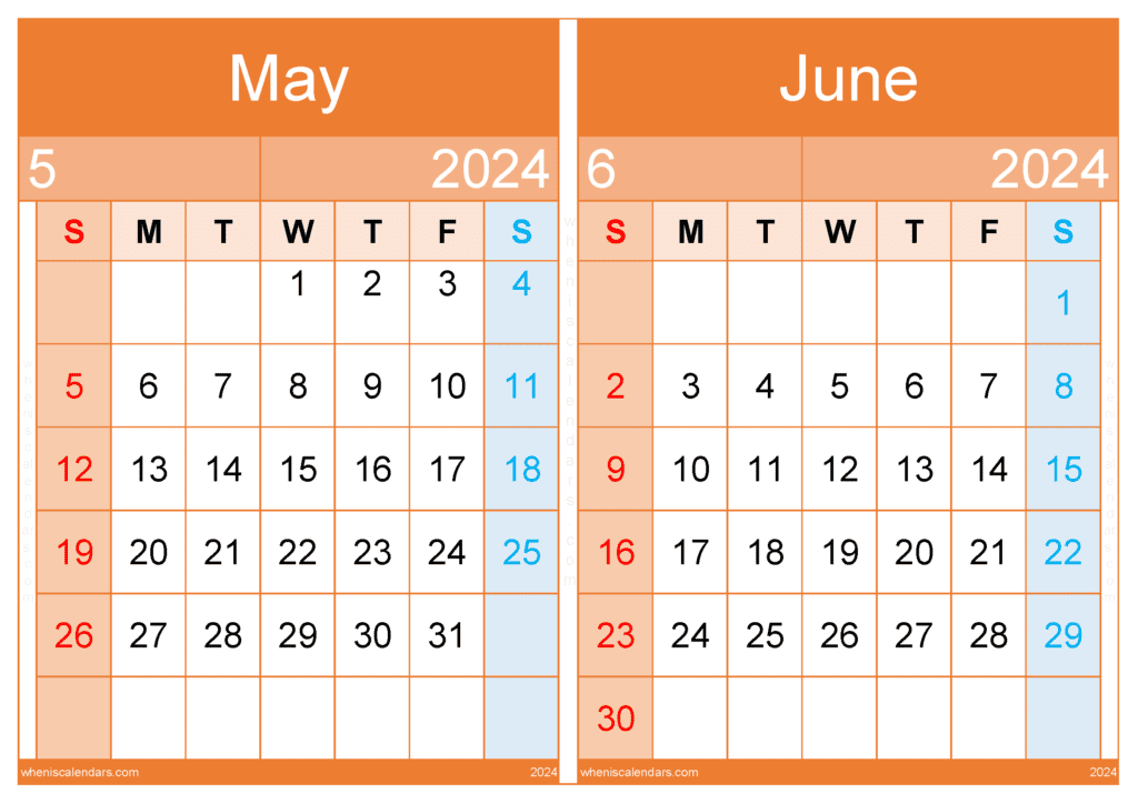 May and June 2024 Calendar Two-Month Calendar Printable