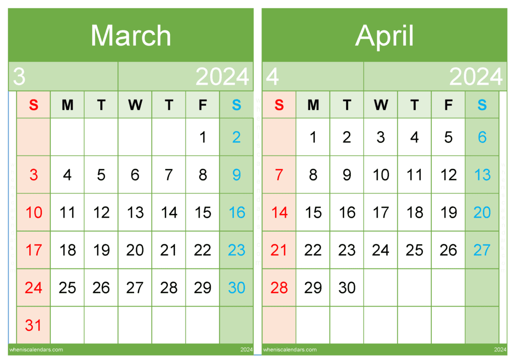March and April 2024 Calendar Printable and Free Download