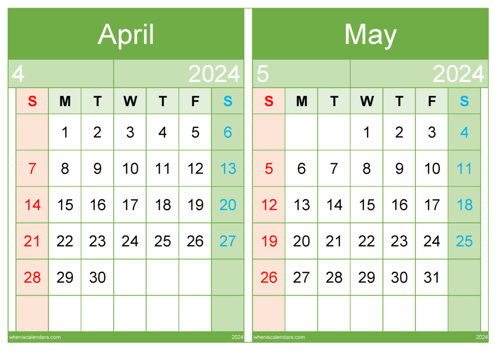 Free April May 2024 Calendar Printable
