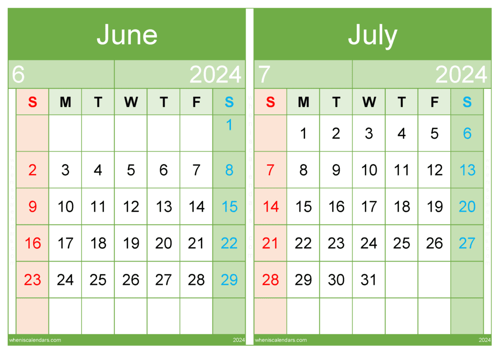 June July 2024 Calendar Printable and Free Download