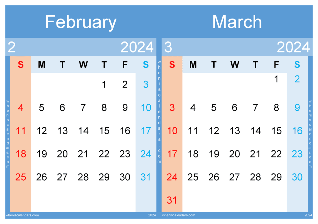 February March 2024 Calendar Printable and Free Download