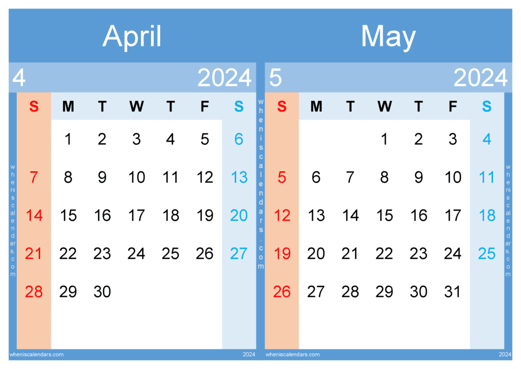 Free April May 2024 Calendar Printable