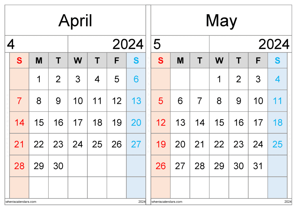 Free April and May 2024 Calendar Printable