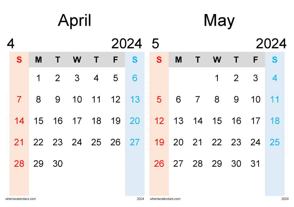 Free April and May 2024 Calendar Printable