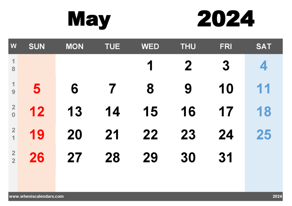 Free Printable May 2024 Calendar with Week Numbers