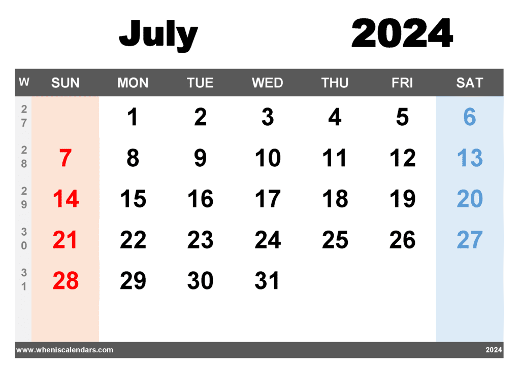 Free Printable July 2024 Calendar with Week Numbers