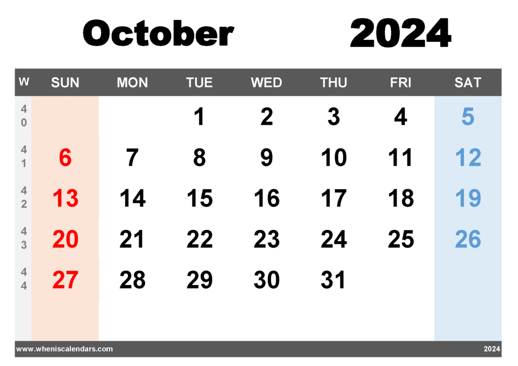 free printable October 2024 Calendar with week numbers