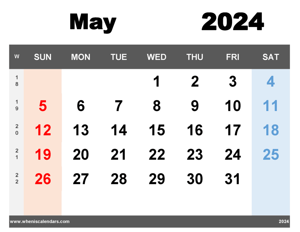 Free Printable May 2024 Calendar with Week Numbers