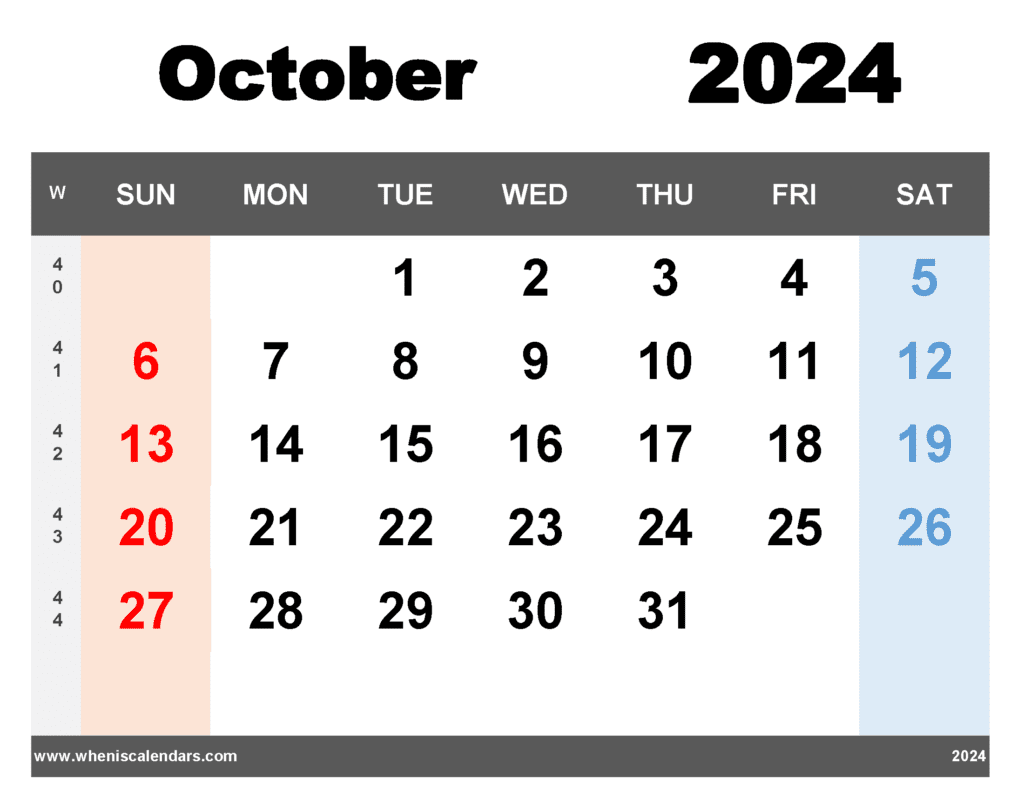 free printable October 2024 Calendar with week numbers
