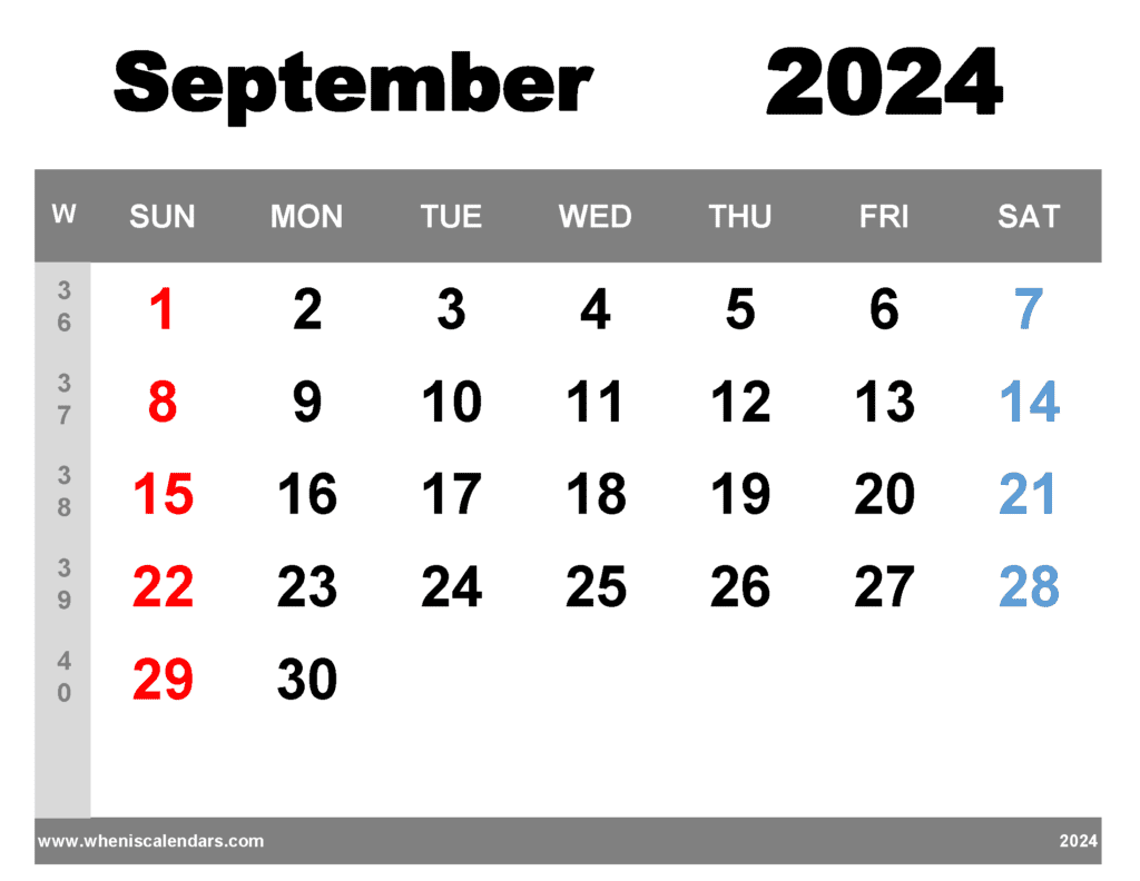 free printable September 2024 Calendar with week numbers