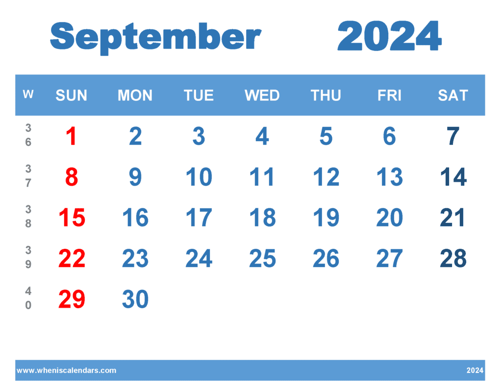 free printable September 2024 Calendar with week numbers