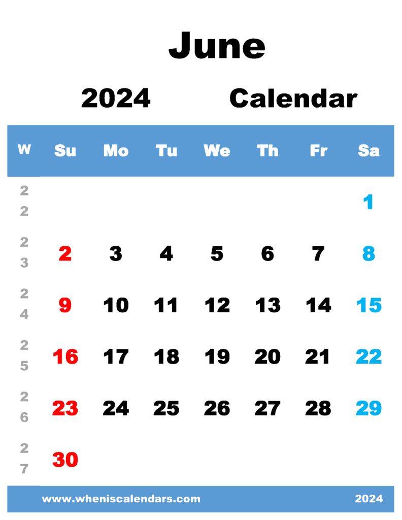 Free Printable June 2024 Calendar With Week Numbers