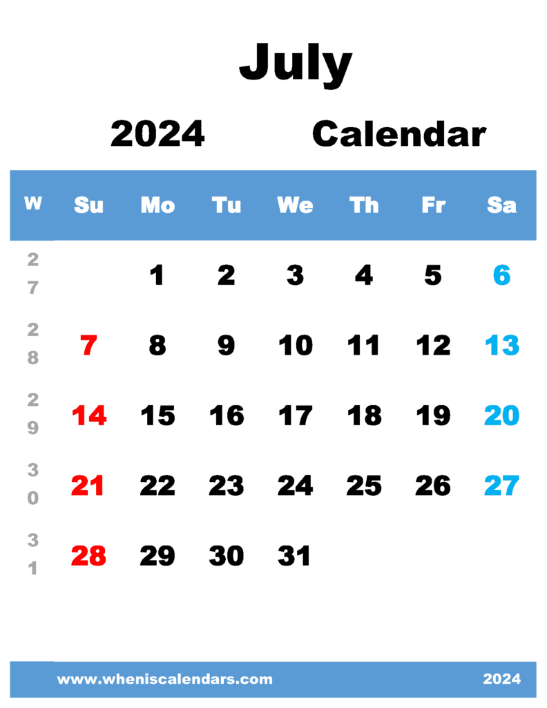 Free Printable July 2024 Calendar with Week Numbers