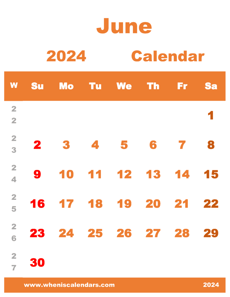 Free Printable June 2024 Calendar with Week Numbers