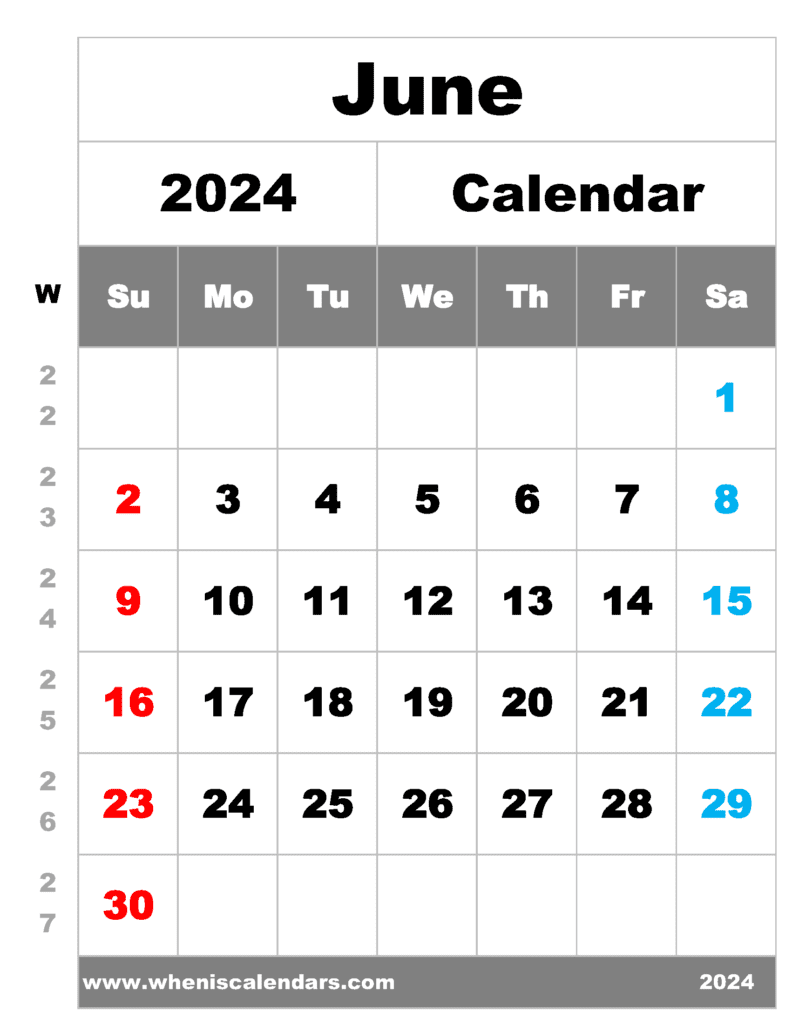 Free Printable June 2024 Calendar with Week Numbers