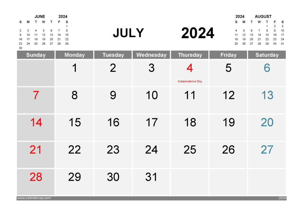 Free Printable July 2024 Calendar with Holidays