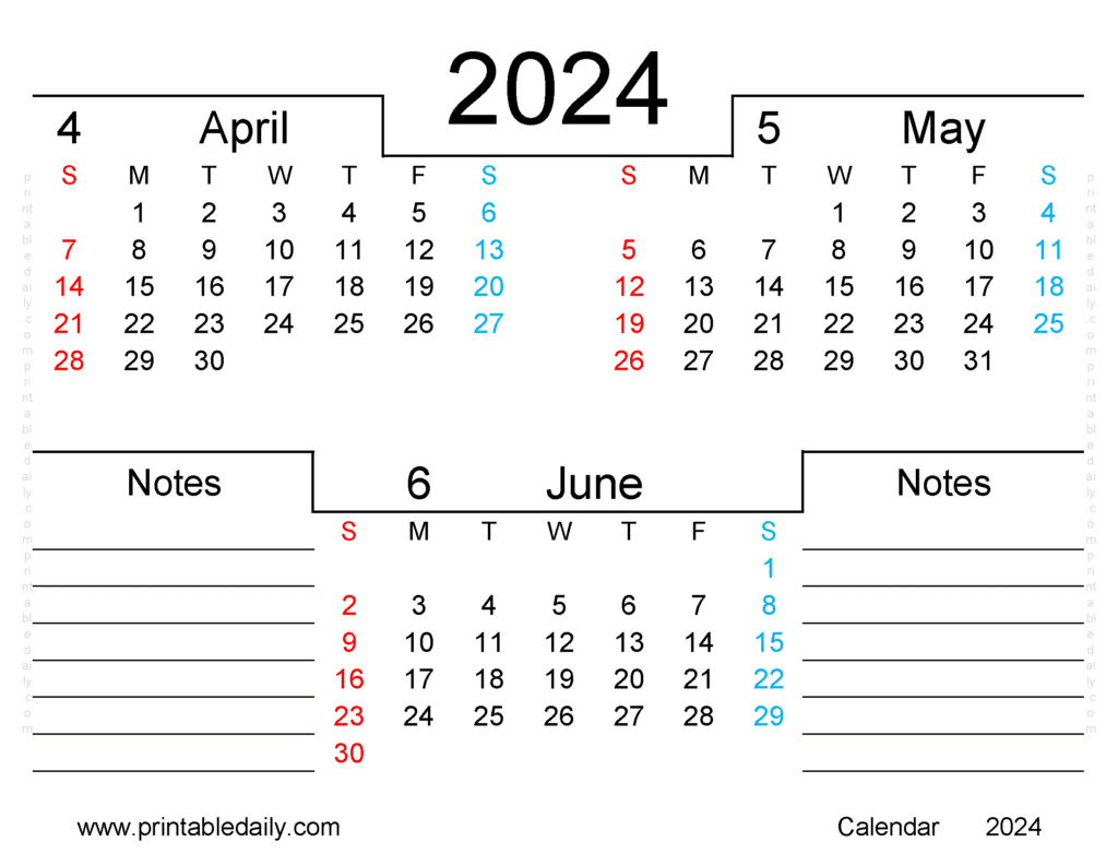 Free Printable April May June 2024 Calendar