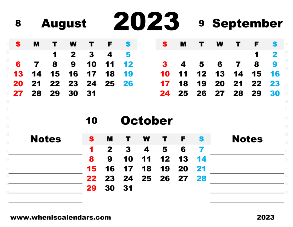 August September October 2023 Calendar Printable