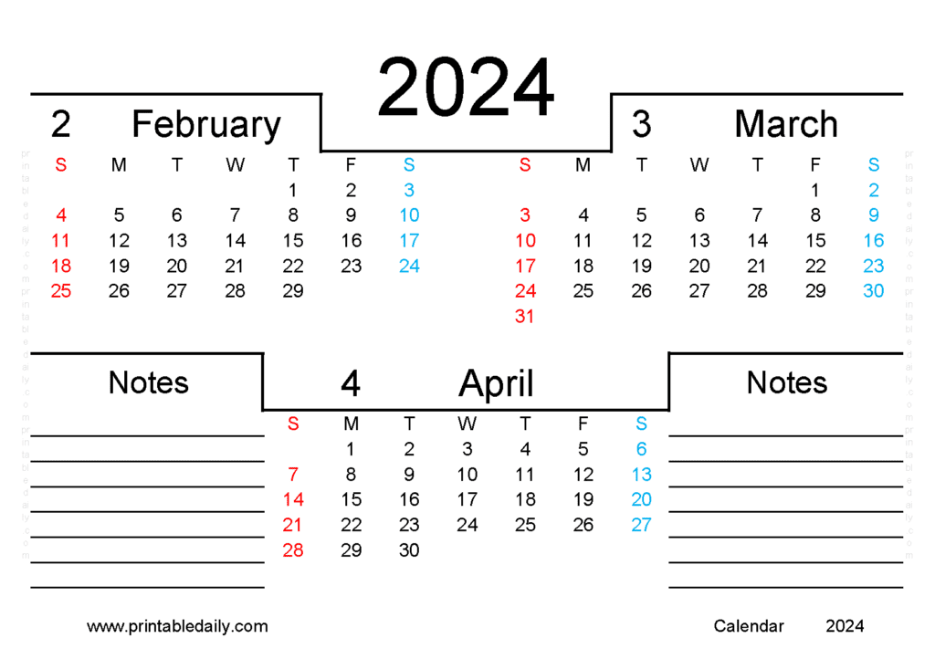 Free Printable February March April 2024 Calendar
