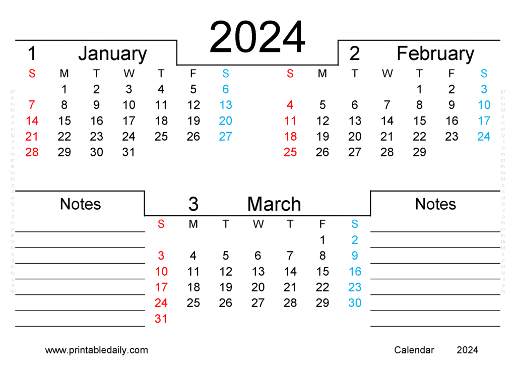January February March 2024 Calendar Free Printable