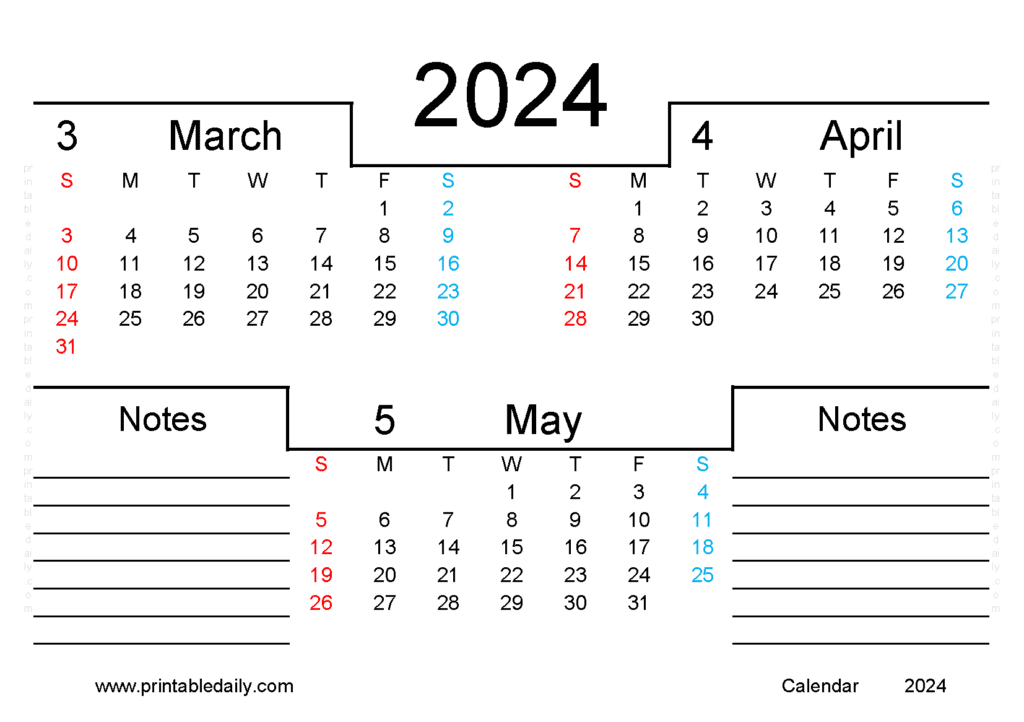 March April May 2024 Calendar Free Printable