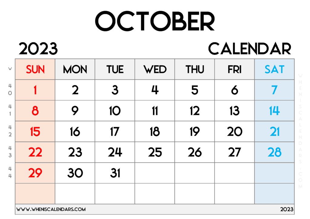 Free Printable October 2023 Calendar with Week Numbers