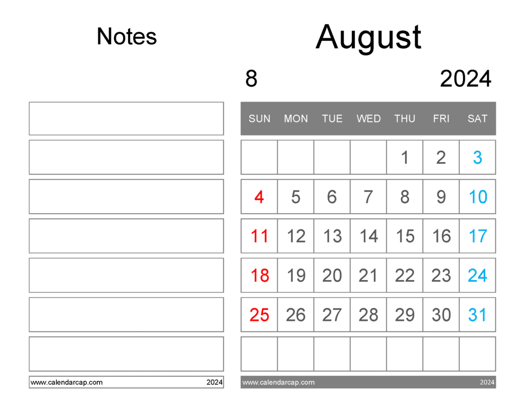 Free Printable August 2024 Calendar with Notes