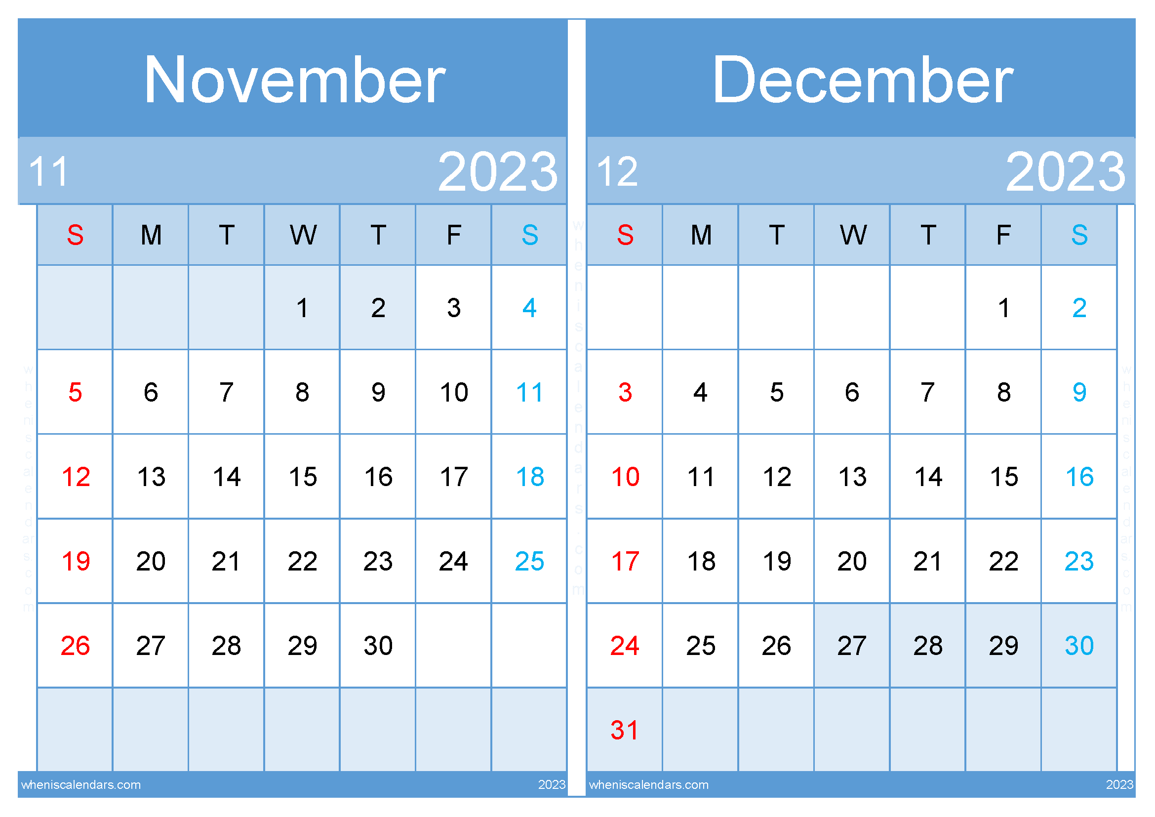 Download November December calendar printable 2023 A4 ND232039