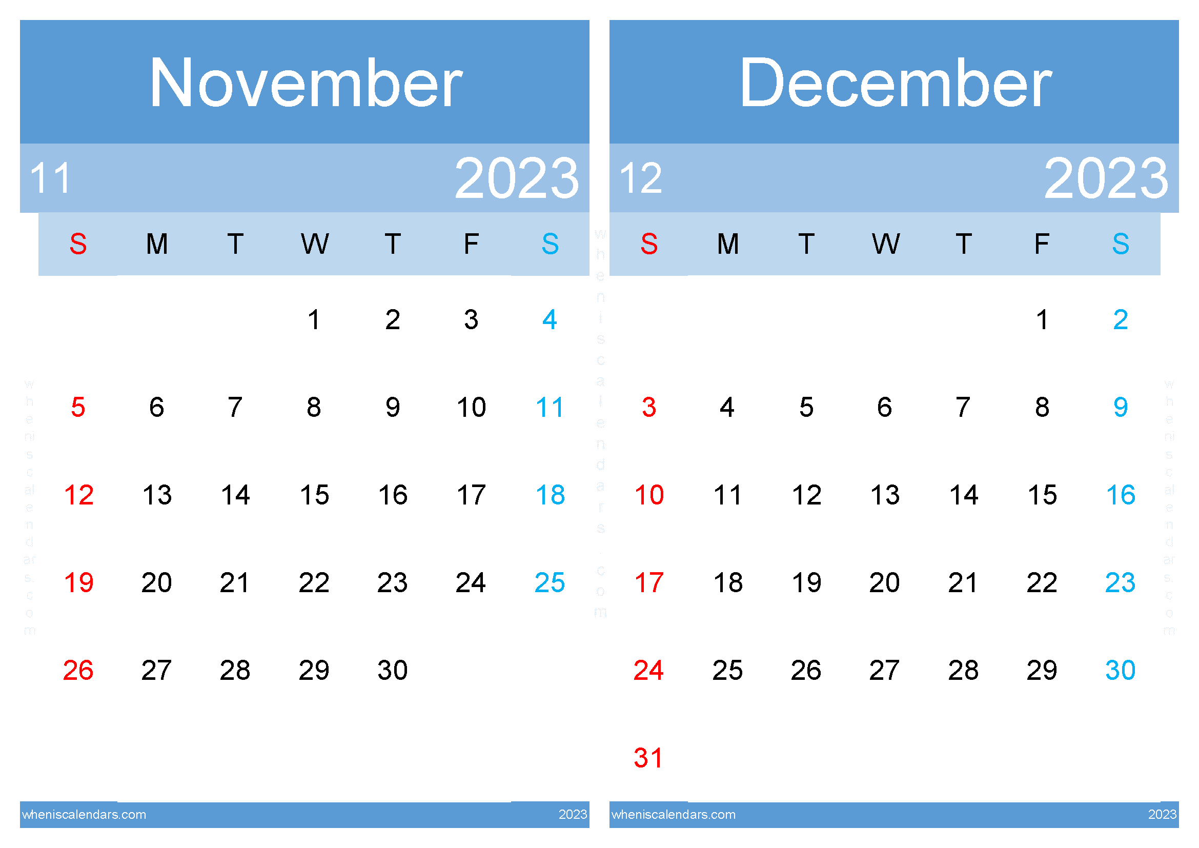 Download printable calendar for November and December 2023 A4 ND232040