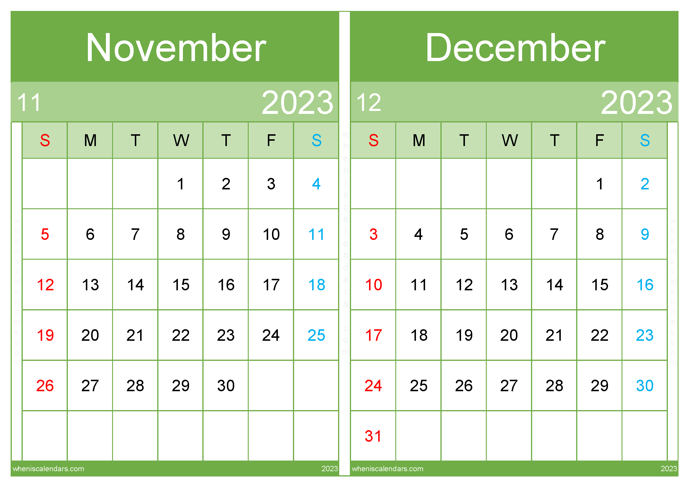 Download November and December calendar printable 2023 A4 ND232041