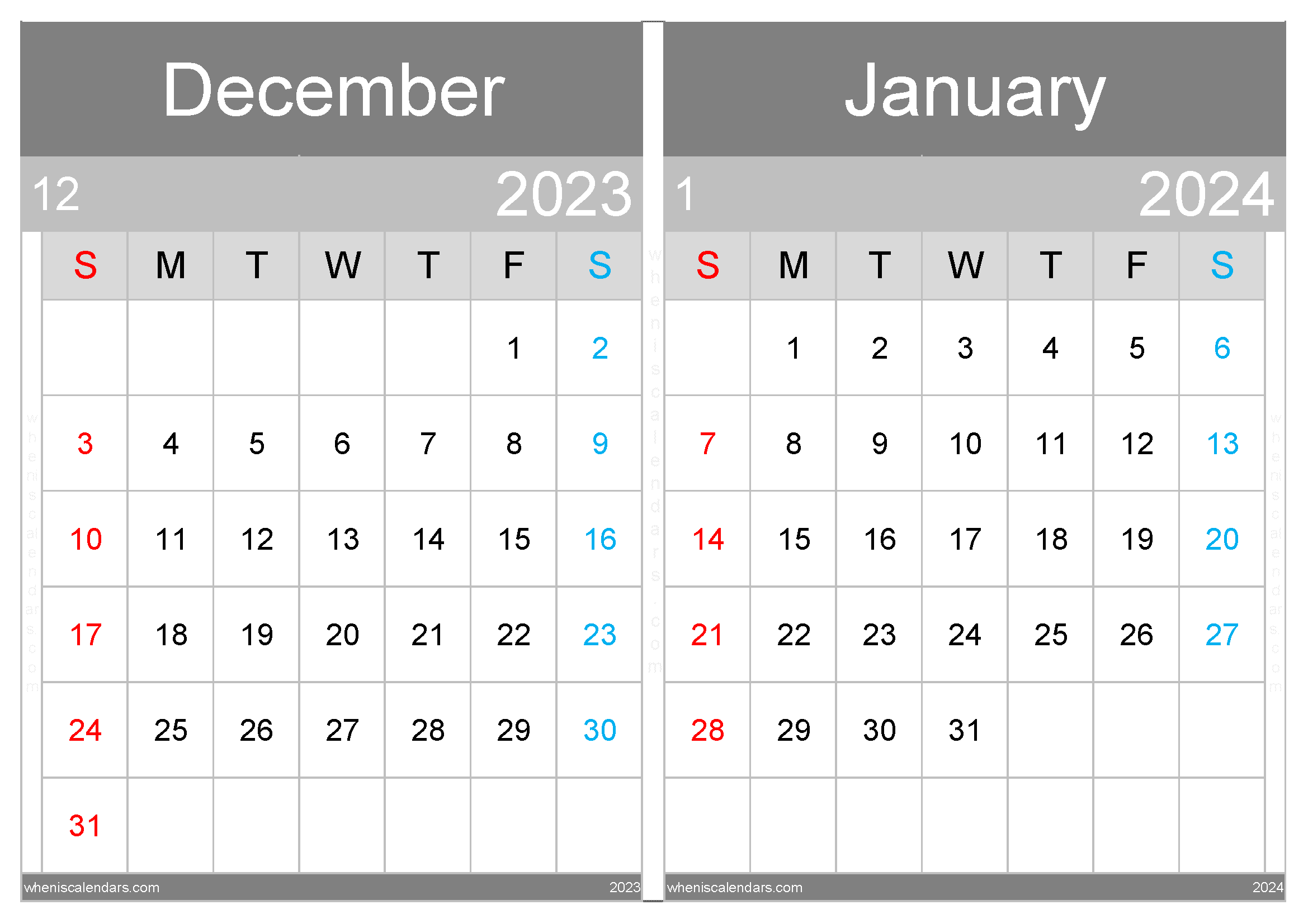 Download printable calendar December 2023 January 2024 A4 DJ23031
