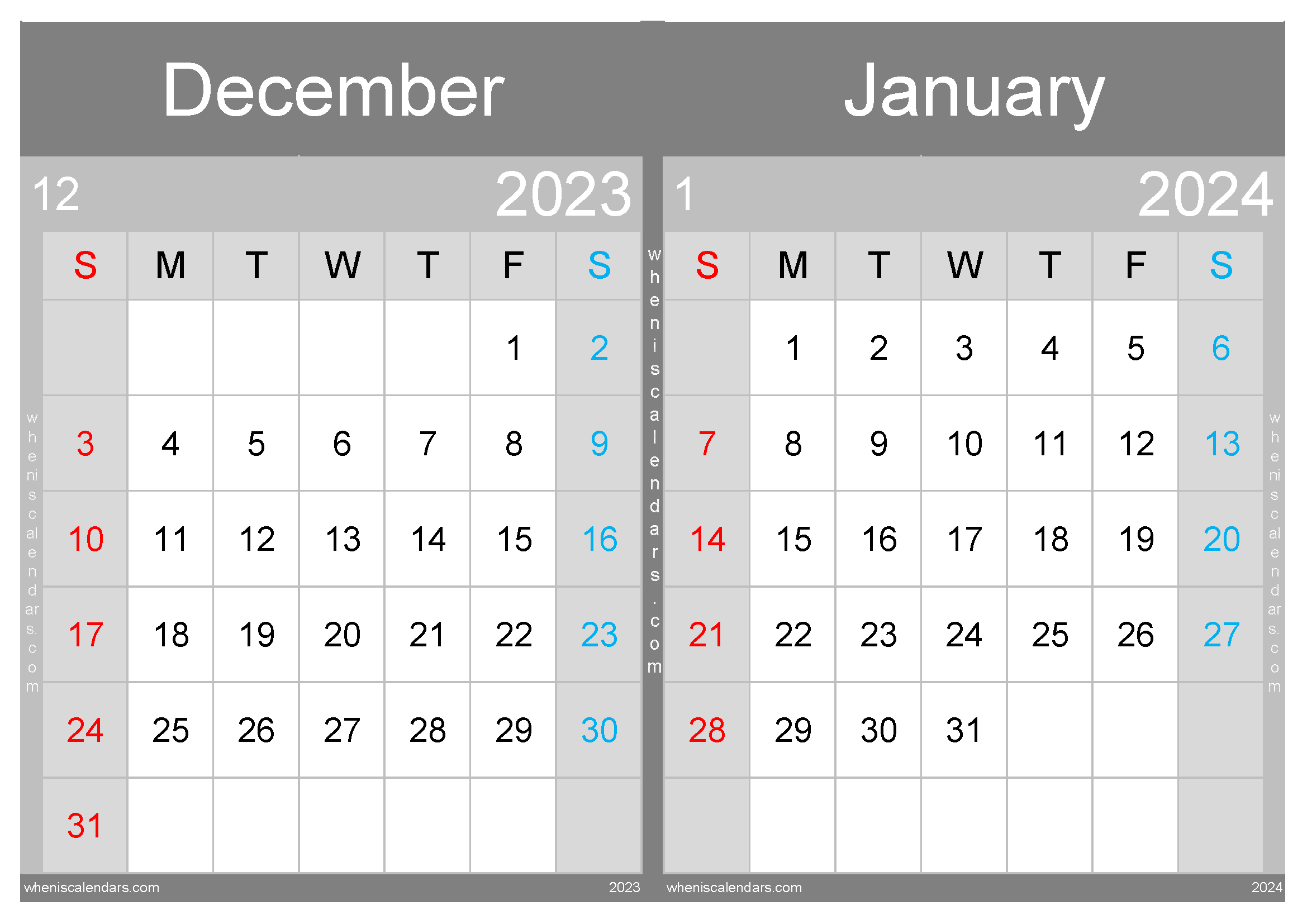 Download calendar December 2023 and January 2024 A4 DJ23032