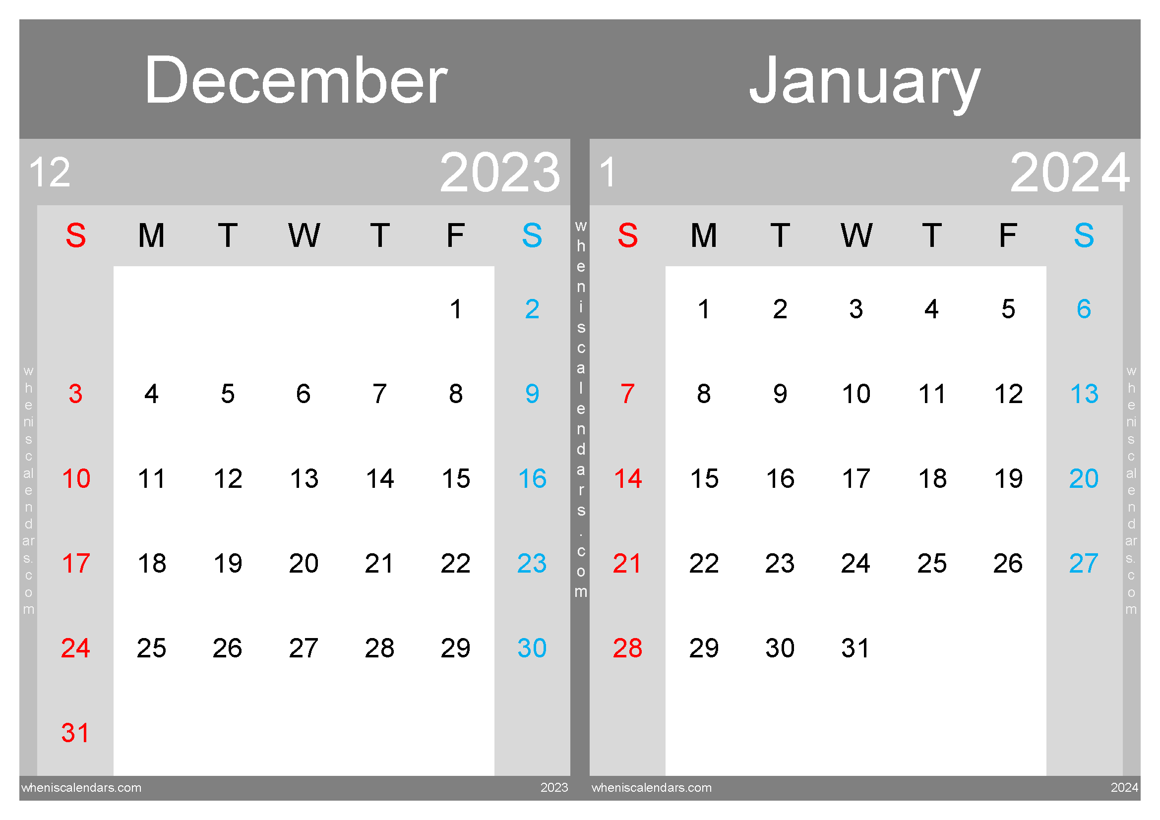 Download printable December 2023 and January 2024 calendar A4 DJ23033