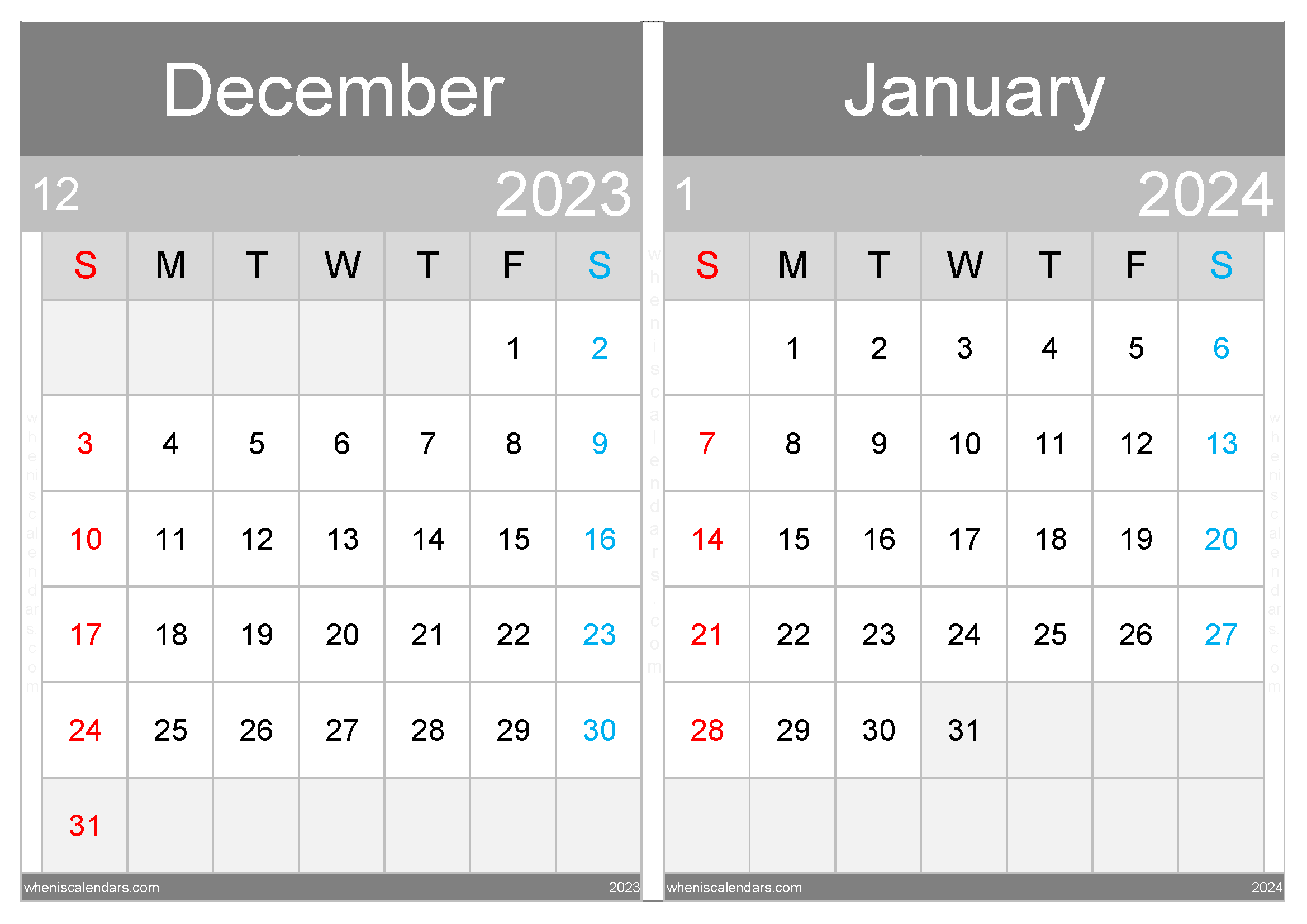 Download December 2023 and January 2024 printable calendar A4 DJ23034