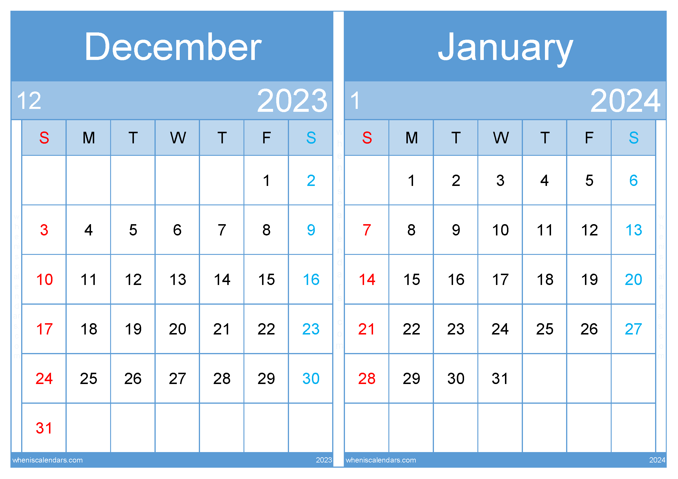 Download calendar December 2023 and January 2024 A4 DJ23036