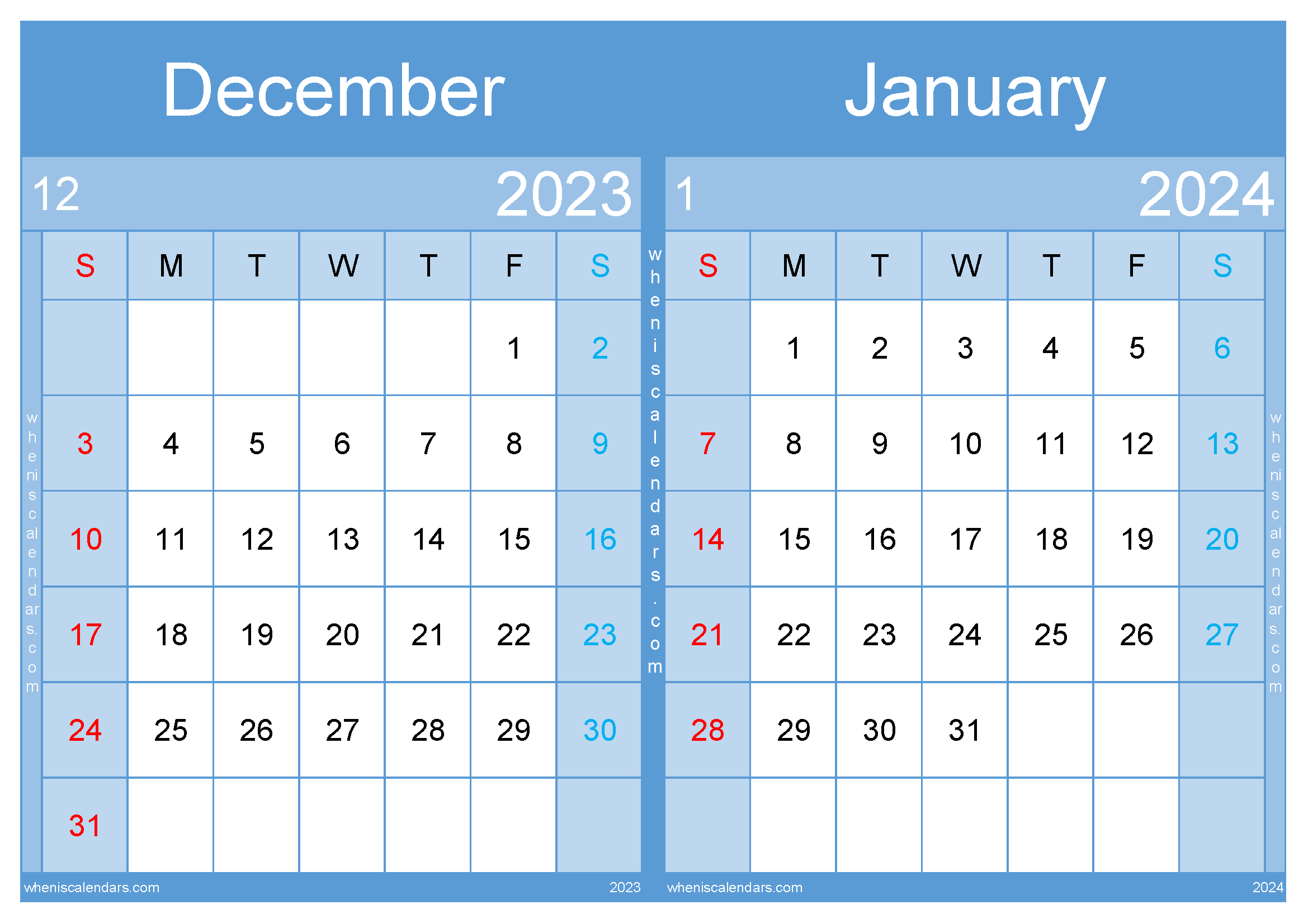 Dec 2023 January 2024 calendar printable DJ232007