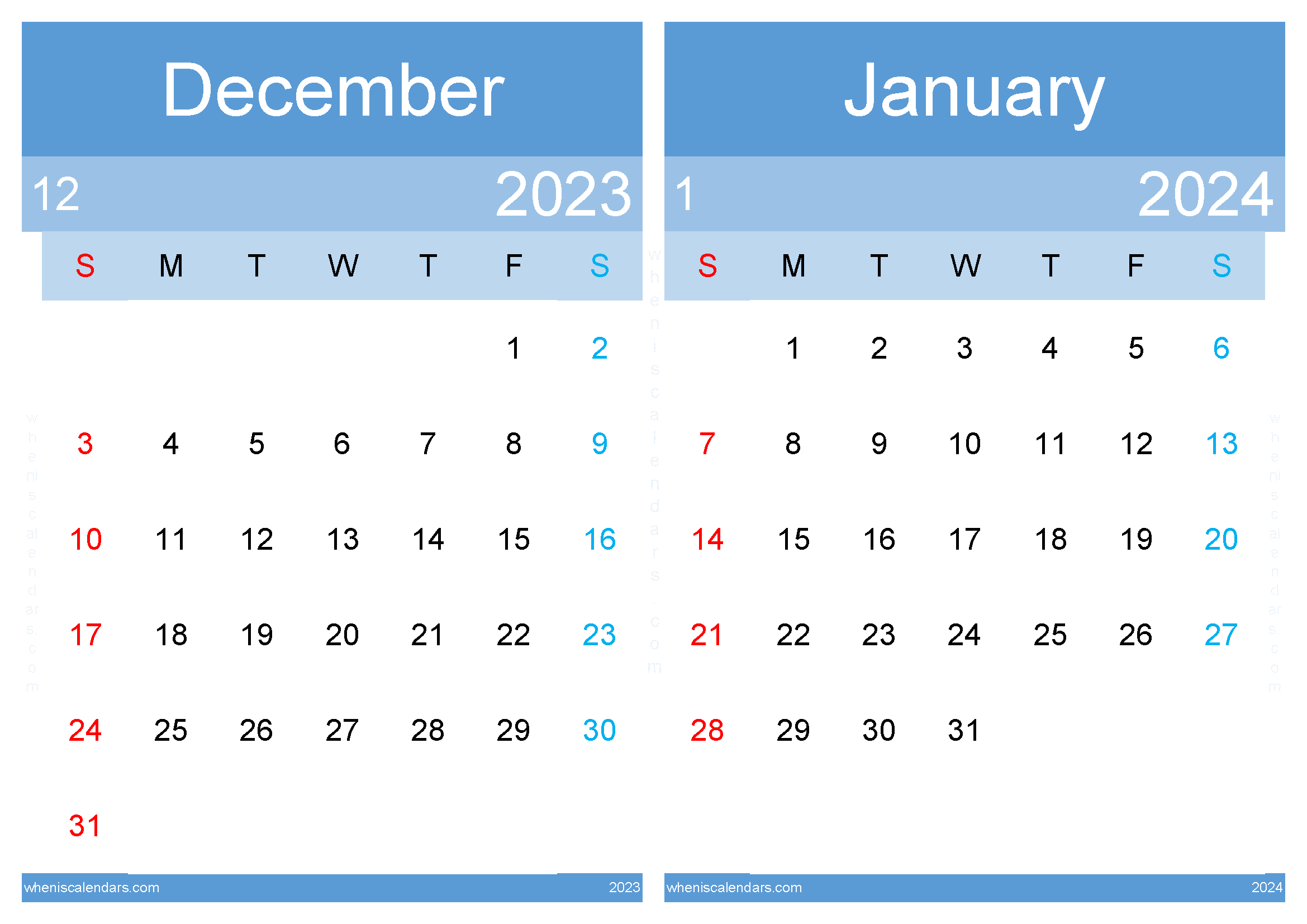 printable calendar for December 2023 and January 2024 DJ232040