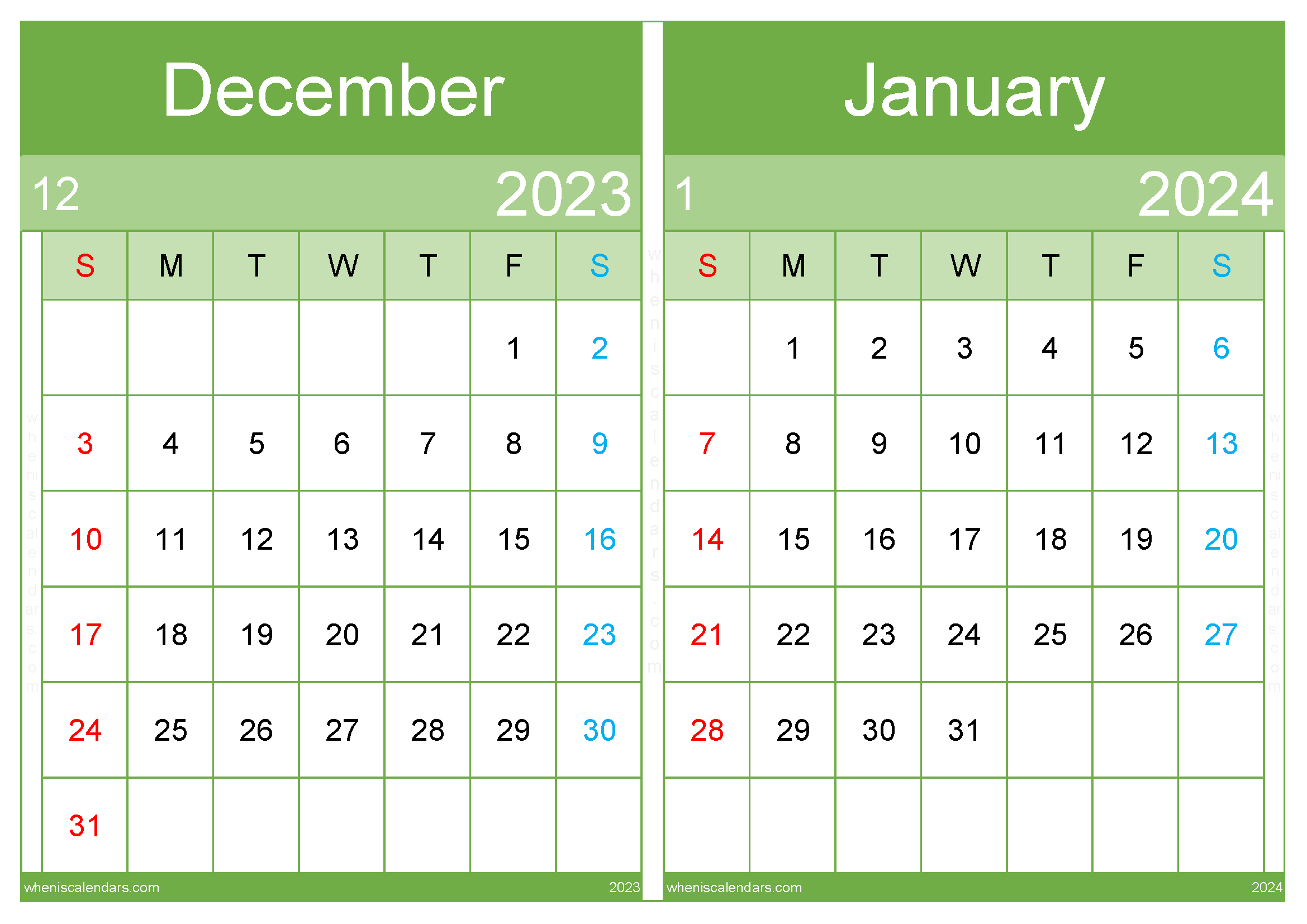 Download December 2023 and January 2024 calendar printable A4 DJ23041