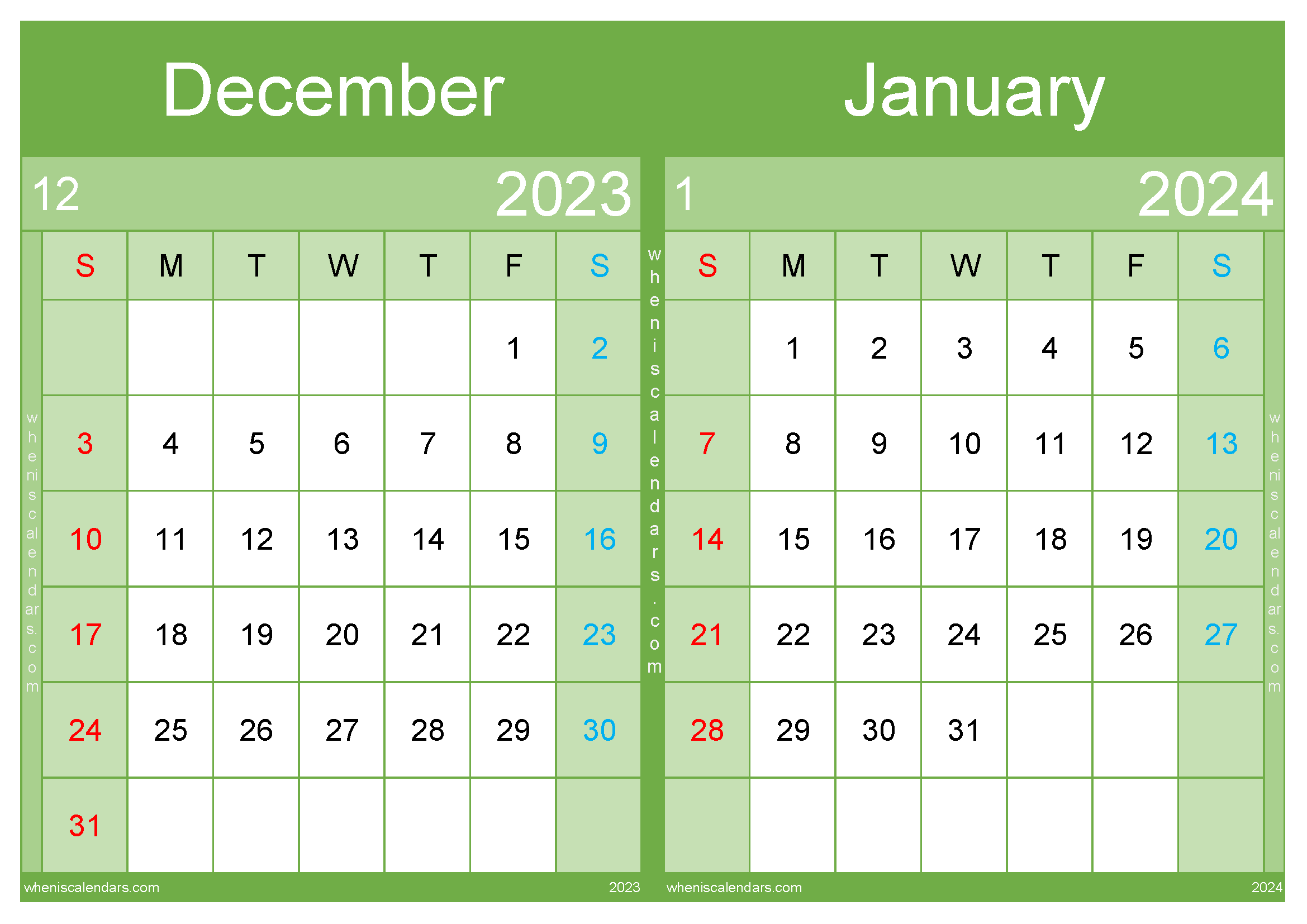 Download Dec 2023 and January 2024 calendar A4 DJ23012