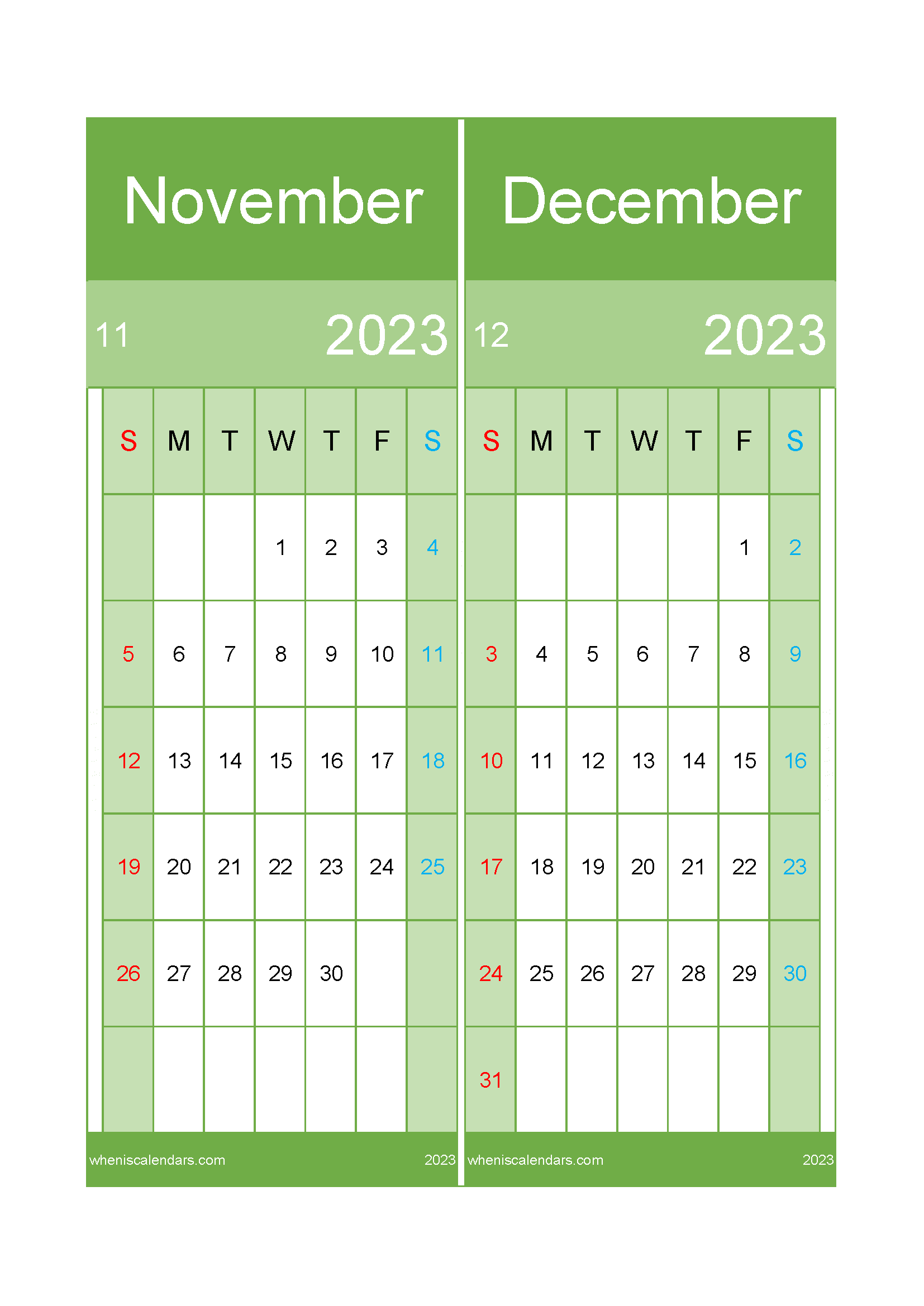 Download December and November calendar 2023 A4 ND232027
