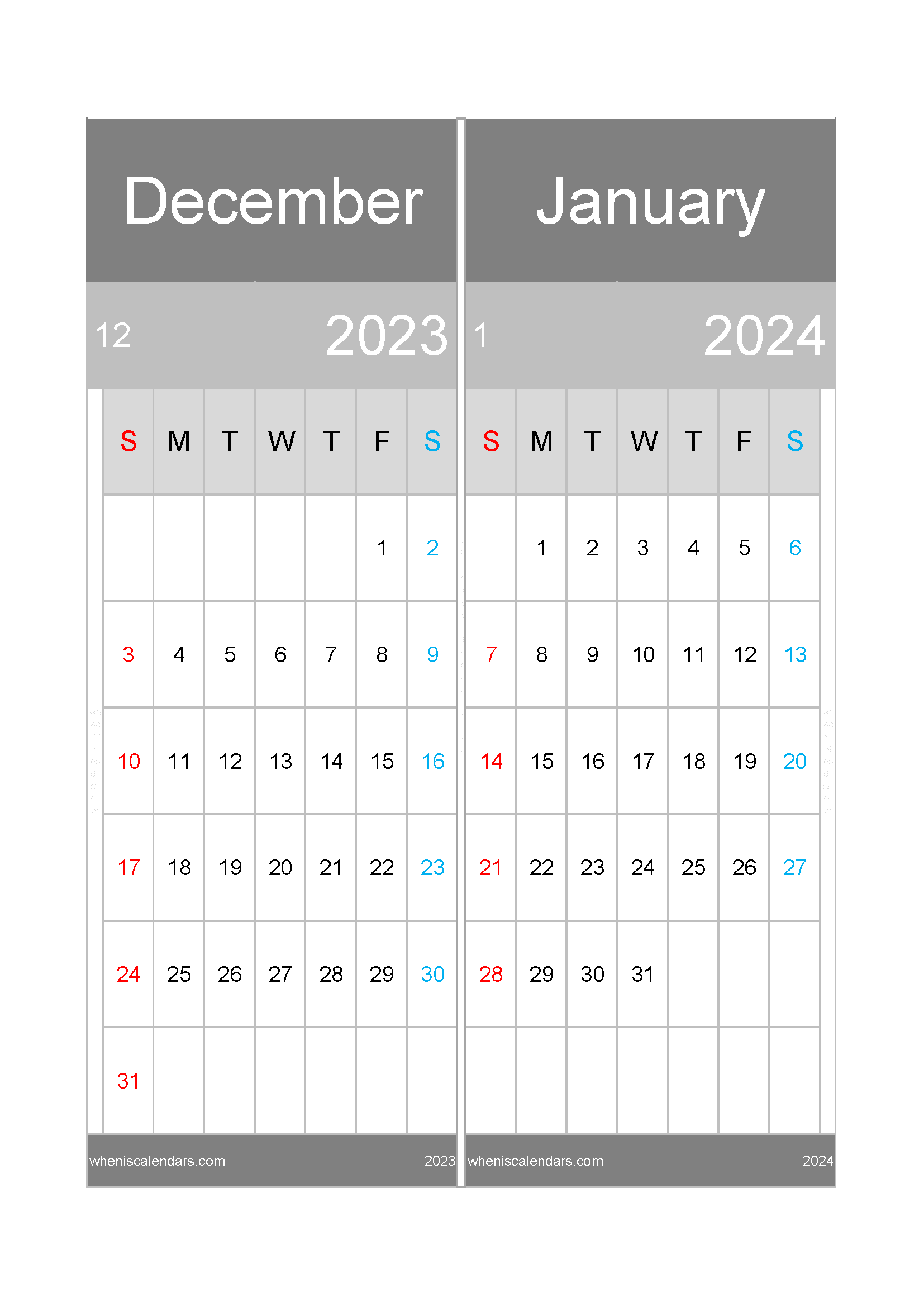 Download printable calendar Dec 2023 and Jan 2024 A4 DJ23046